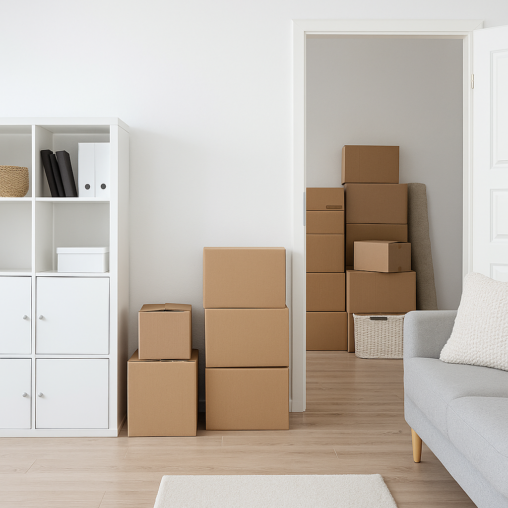 Room with stacked moving boxes, white bookshelf, white sofa with pillow, light hardwood floor, and doorway leading to another space with more boxes and a basket.