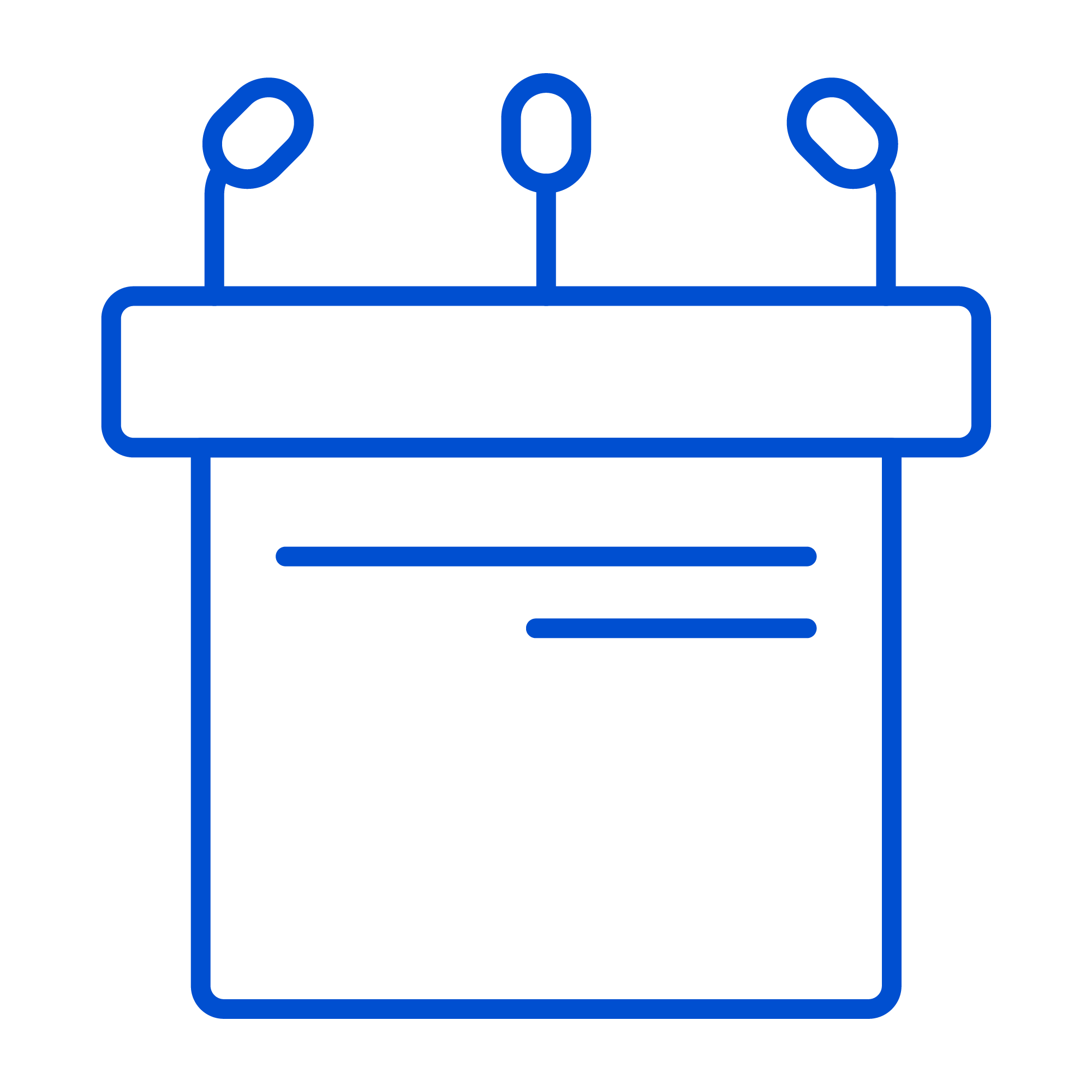 Line drawing of a podium with three microphones on top.