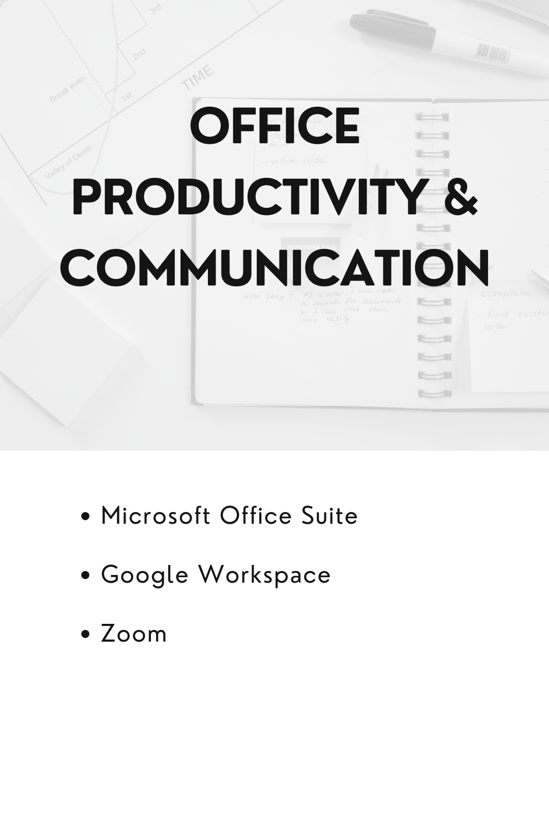 A planner, pen, and papers on a white desk, overlaid with text reading 'Office Productivity & Communication' and a list of office tools including Microsoft Office Suite, Google Workspace, and Zoom.