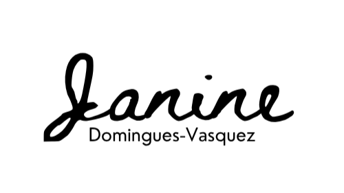 Stylized text with the name 'Janine' in cursive and 'Domingues-Vasquez' in smaller font underneath.