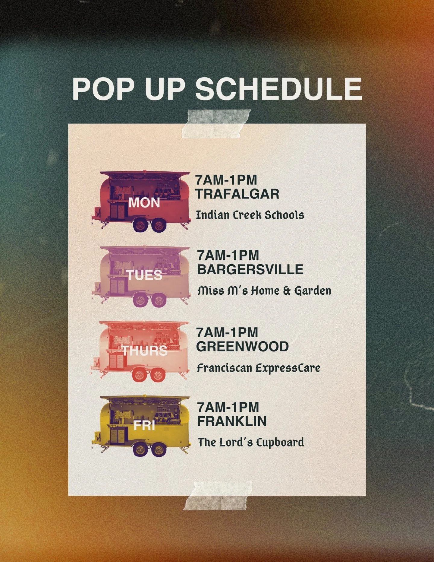 📌 how to find us 📌 

Chilly air, hot lattes, and good company from now through mid December ❄️ We only have 2 months left of our season&hellip;so you know we will be showing up RAIN, SNOW, or SHINE 👏🏻