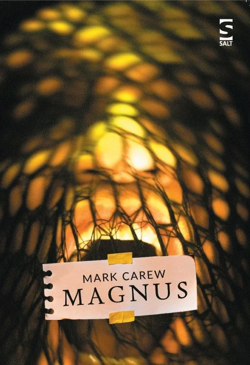 A book titled 'Magnus' by Mark Carew is inside a fishing net against a blurred background of yellow and orange lights.