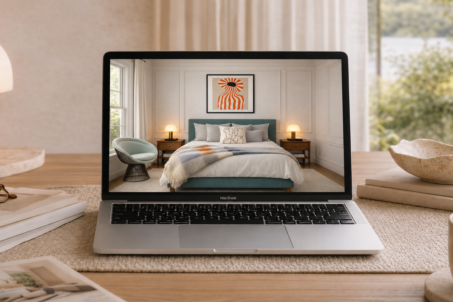 Laptop displaying a bathroom with a freestanding bathtub, double vanity with two sinks, mirror, wall sconces, built-in shelves with candles and decor, and a large green plant.