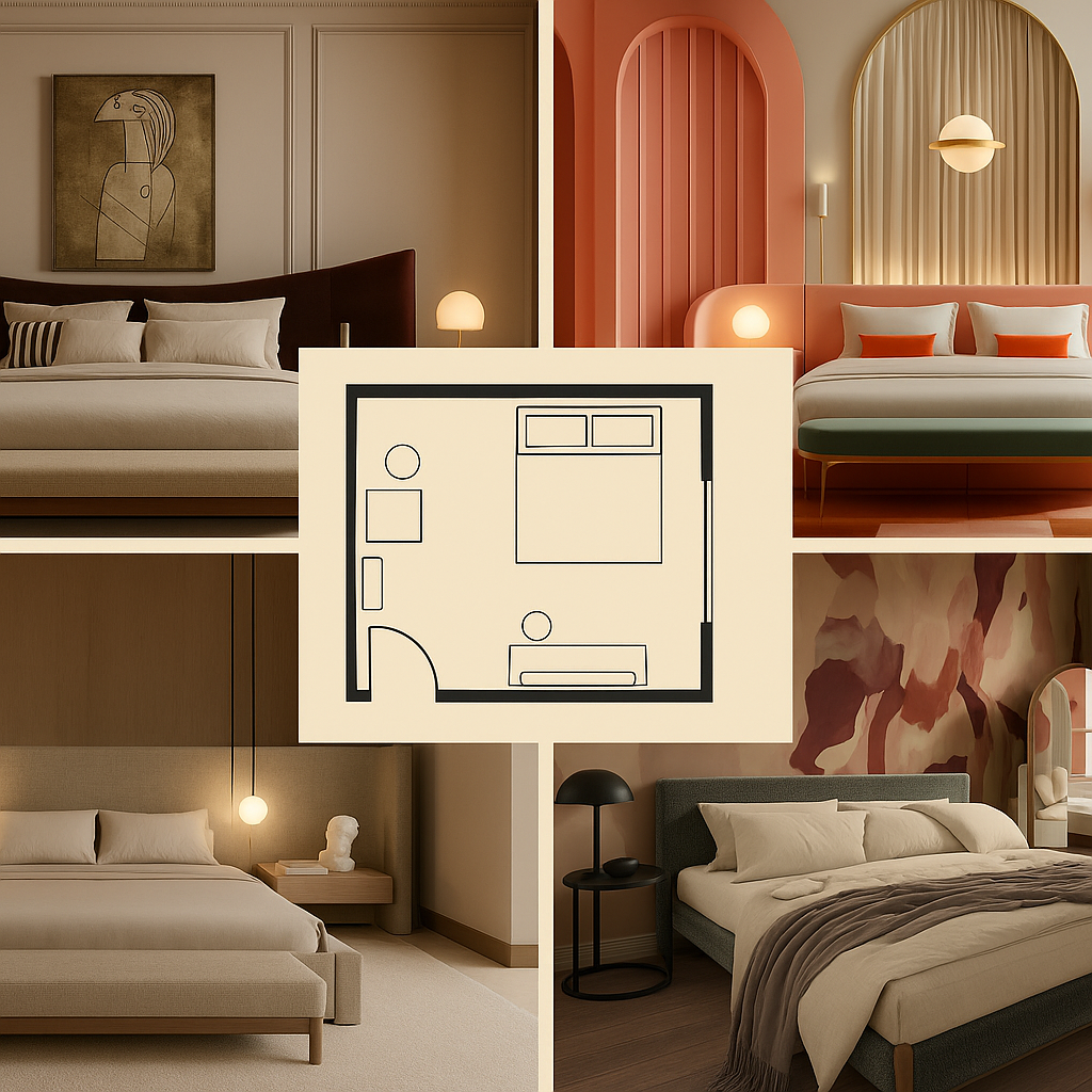 Four different bedroom interiors with varied decor styles, lighting, and furniture. A floor plan diagram is overlaid in the center.