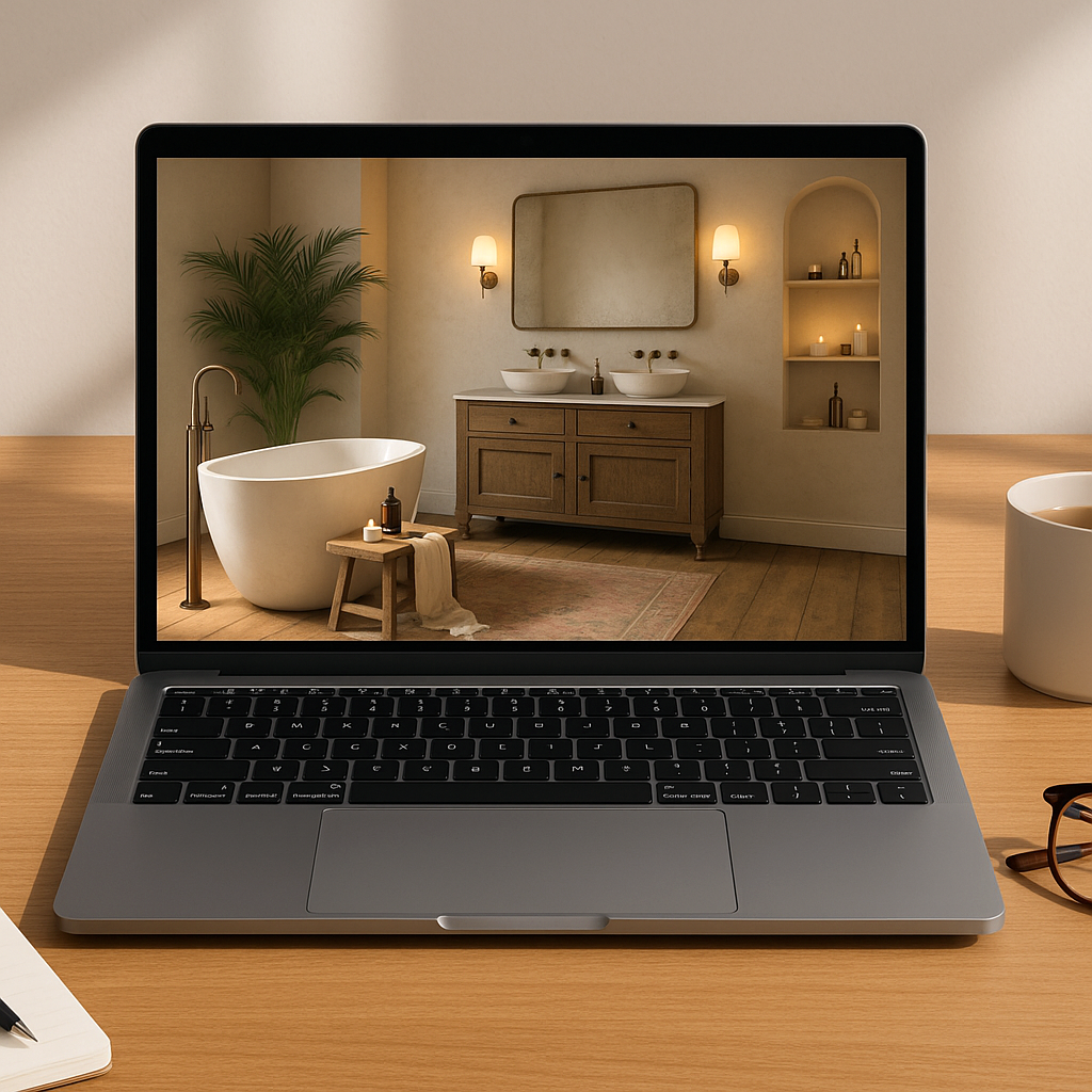 Laptop displaying a bathroom with a freestanding bathtub, double vanity with two sinks, mirror, wall sconces, built-in shelves with candles and decor, and a large green plant.
