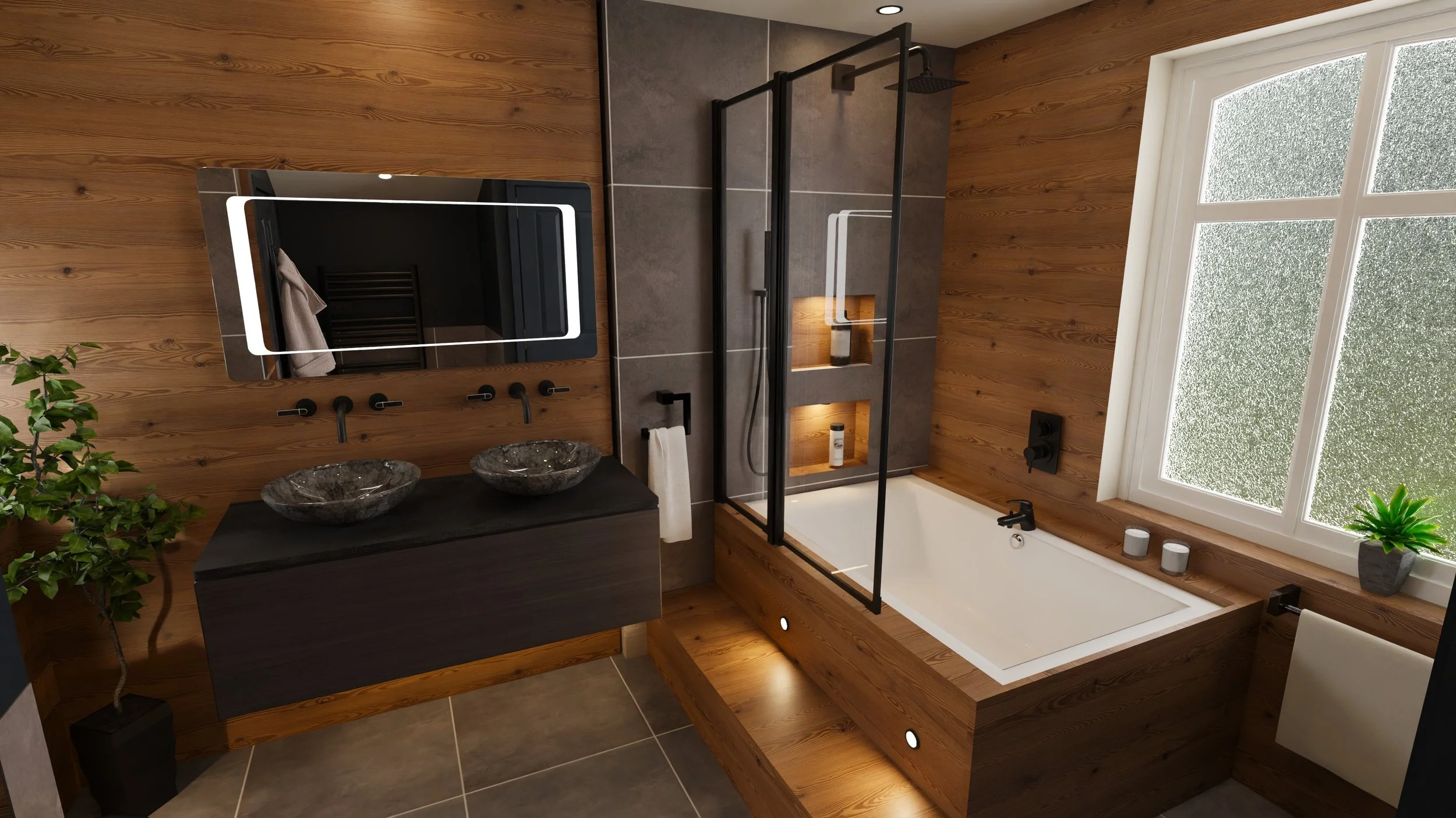 Masculine contemporary spa bathroom with large sunken japanese soaking bath, with natural textures of wood panelling, dark stone, floating dark double vanity