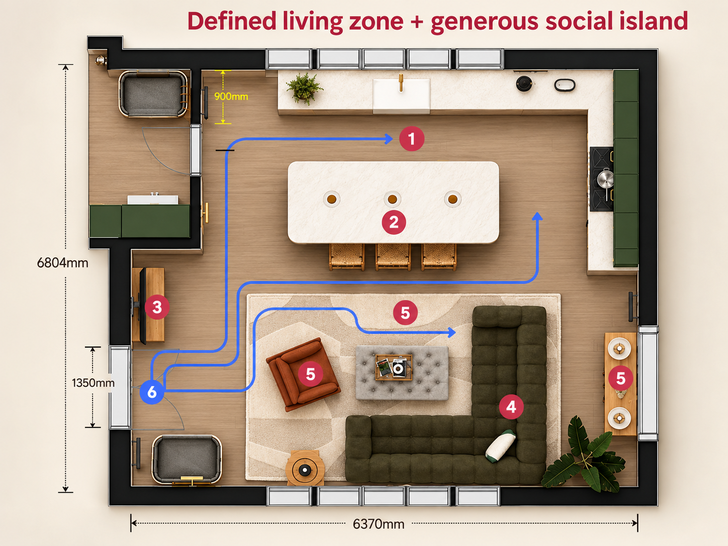 Close-up of architectural blueprints showing a kitchen layout and furniture.