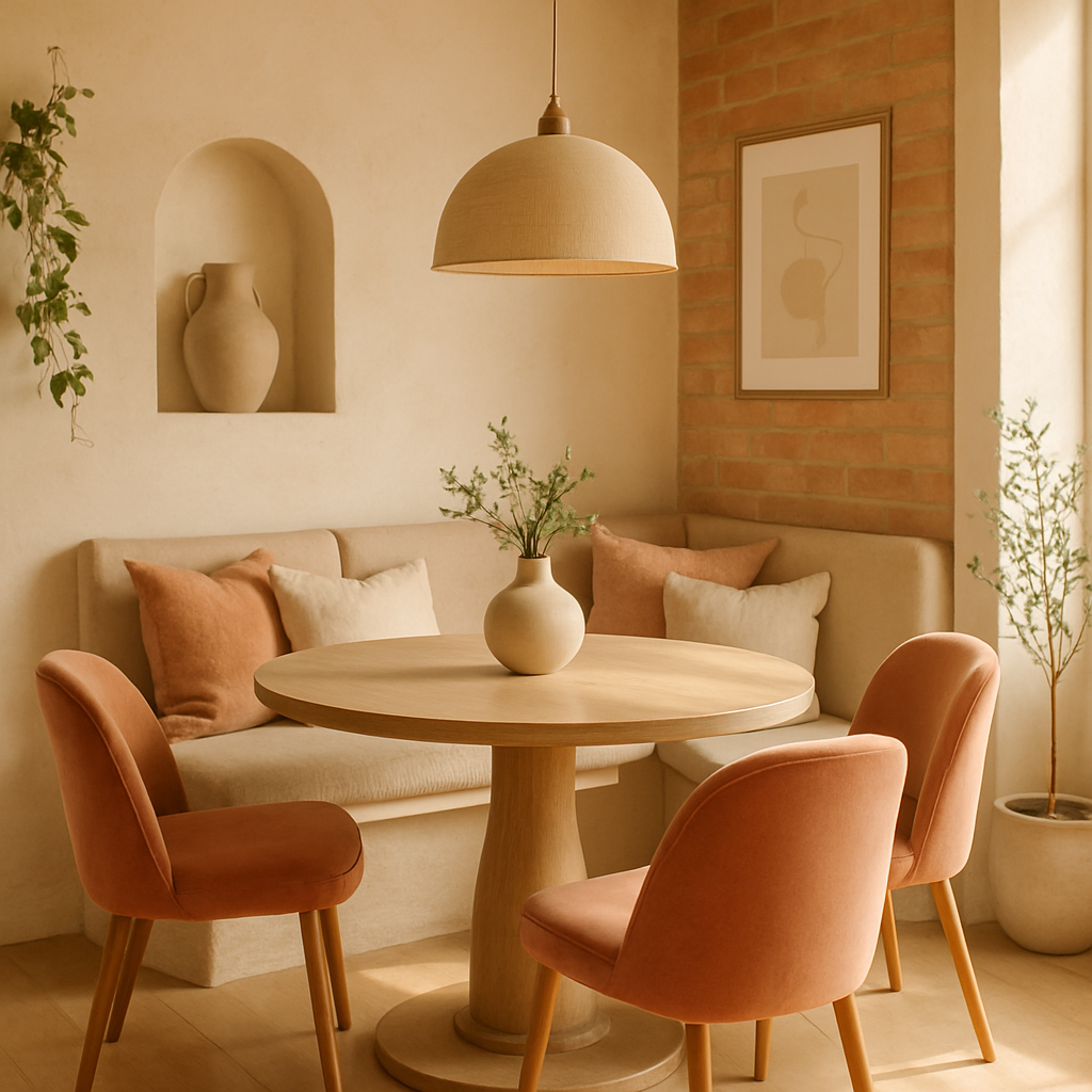 Cosy dining nook with banquette seating and coral pink velvet chairs