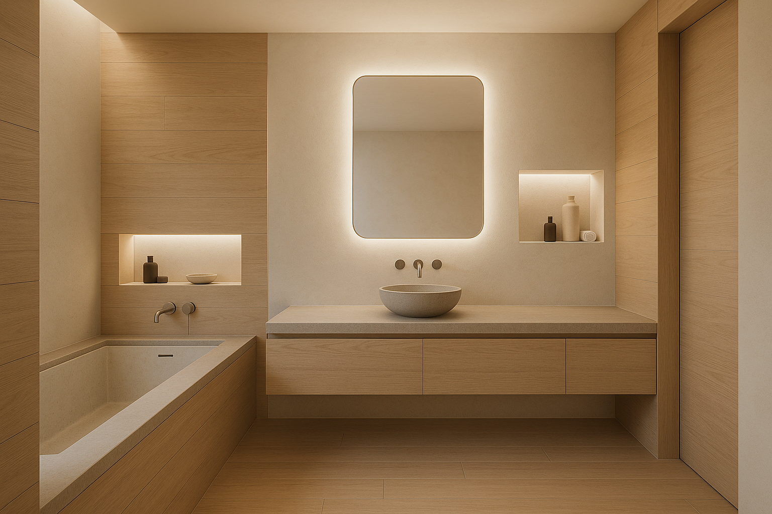 Minimalist bathroom with clean lines in natural materials of pale oak wood and light stone surfaces, modern LED lighting