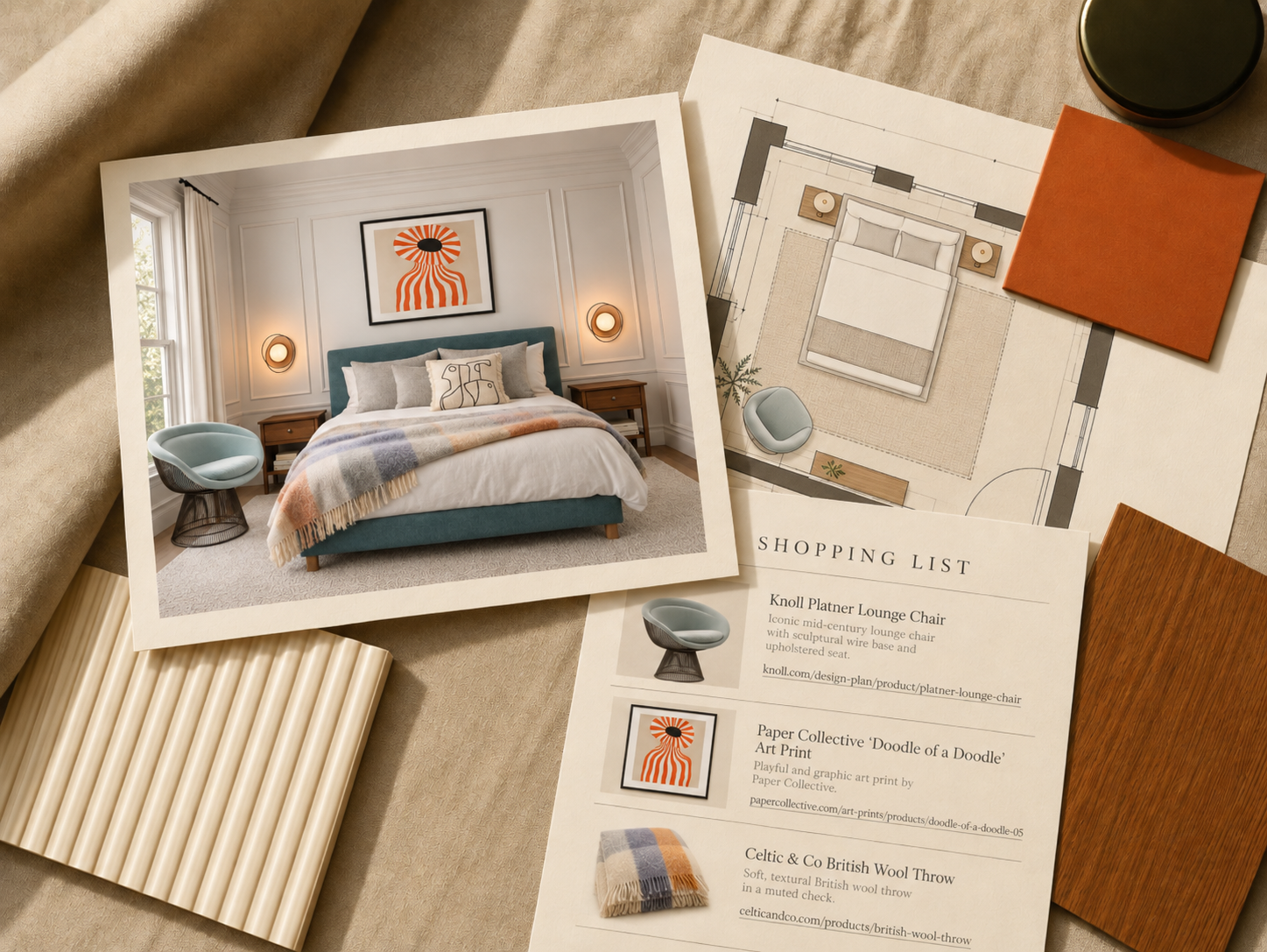 A photograph of interior design materials, including a printed photo of a living room with a beige sofa, a wooden coffee table, and decorative wooden panels on the wall, alongside fabric and paint color samples in shades of beige, rust, and brown.