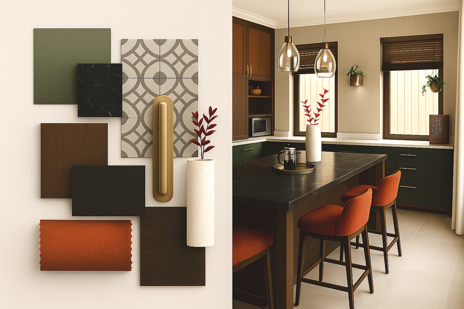 Mood board and picture of black marble kitchen with burnt orange bar stools