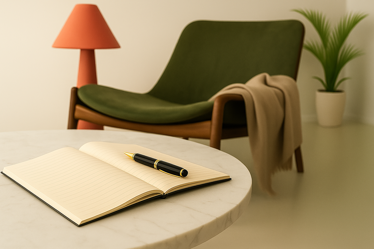 Open notebook with a black and gold pen on a white marble table, green cushioned lounge chair with wooden arms, beige throw blanket, pink table lamp, and a potted green plant in the background.