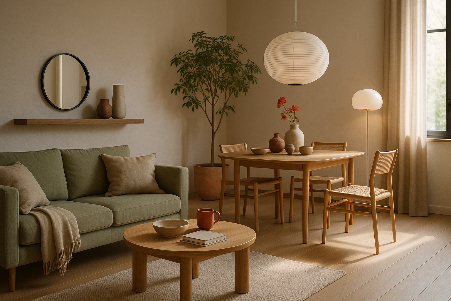 Warm Japandi lounge/ diner with light oak mid century furniture, rice paper globe pendant shades