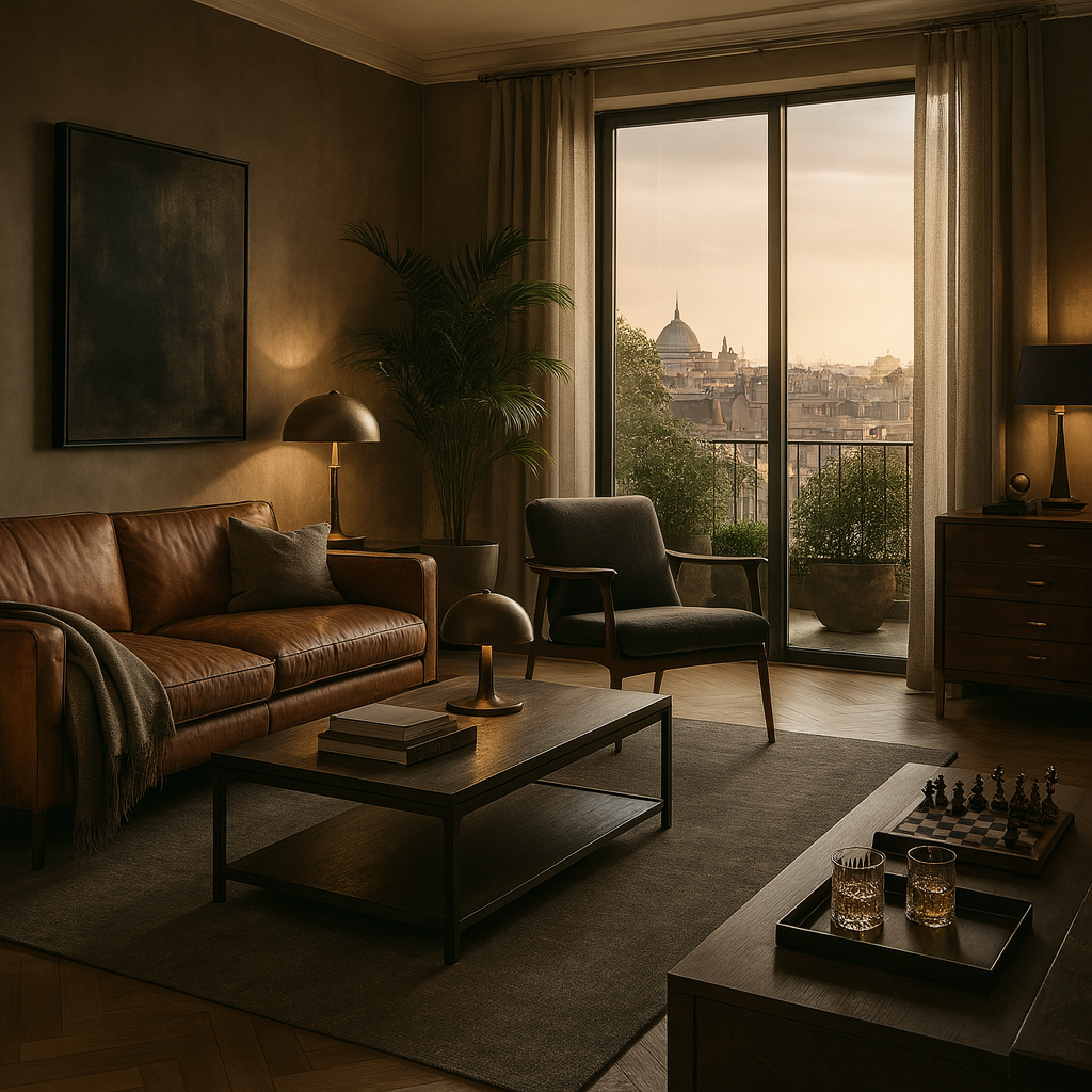 Living room with brown leather couch, gray armchair, coffee table with books and lamps, potted plant, large window showing cityscape and domed building, draped curtains, chess set, and glasses of whiskey.