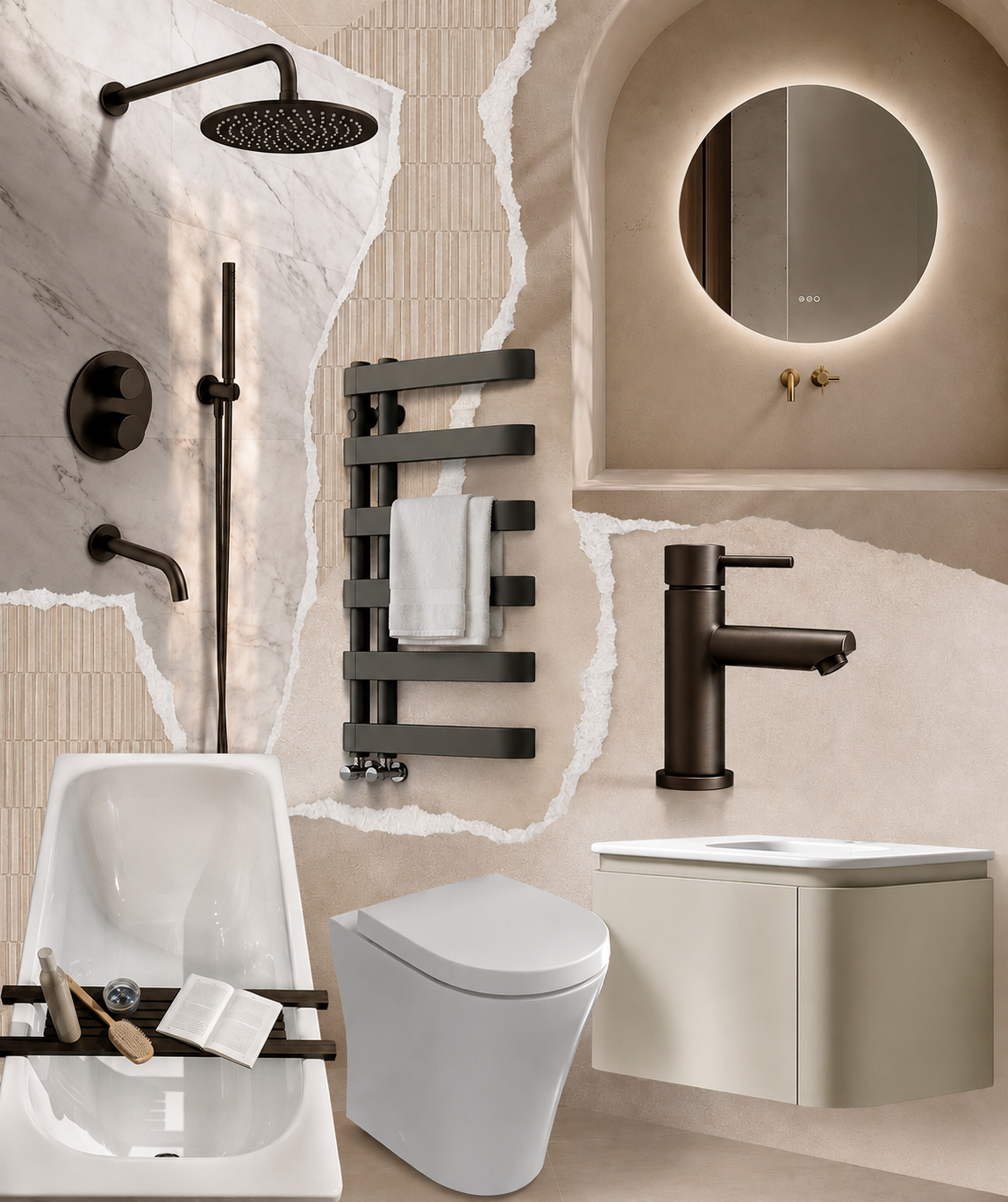 A flat lay of various interior design material samples, including colored tiles, wood textures, fabric swatches, a green leaf, and a marble piece, arranged on a neutral background.
