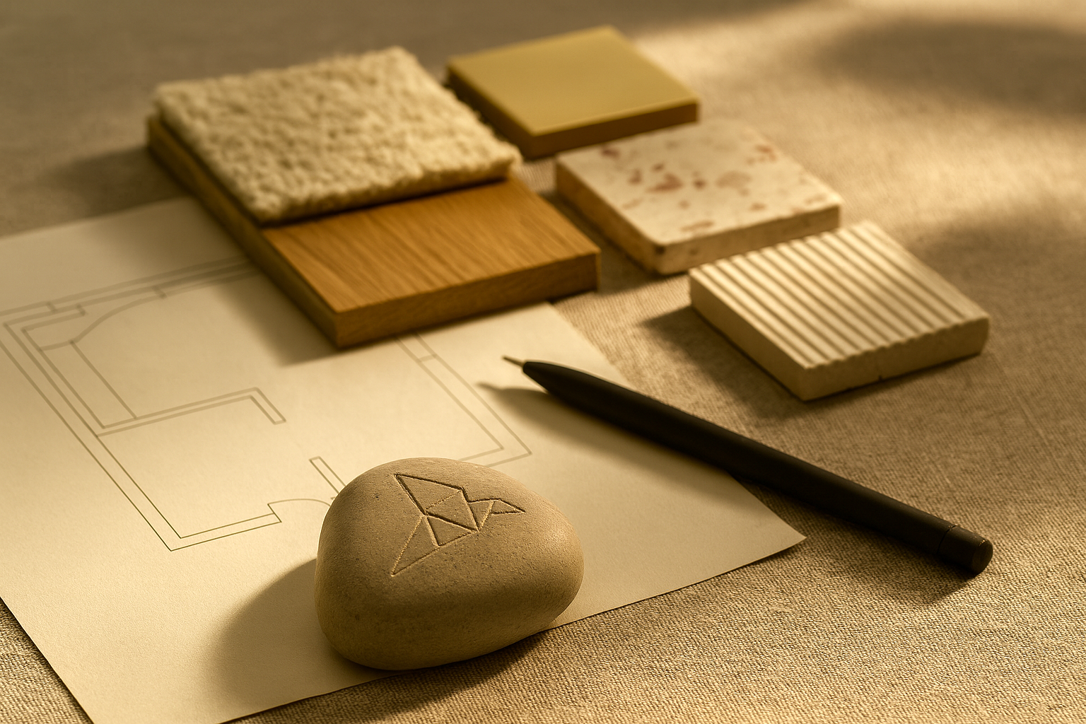 A tabletop with a black pen, a stone with an engraved arrow symbol, a printed floor plan, and several sample tiles of different textures and materials.