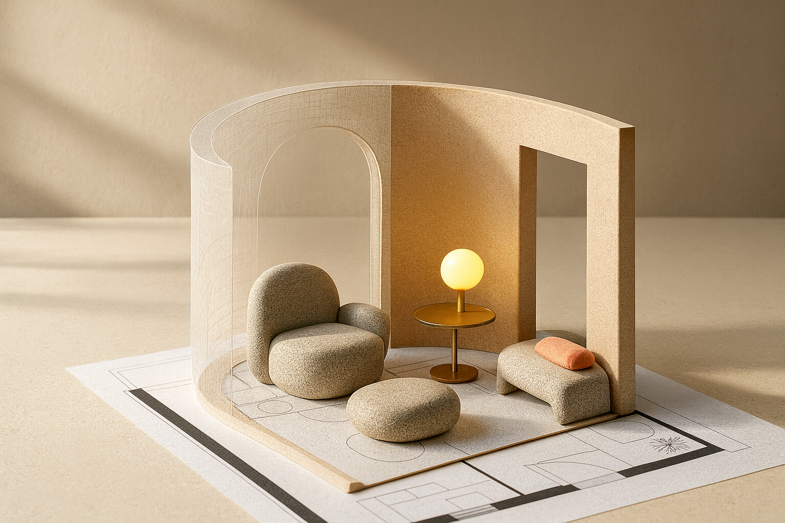 A room layout in 2D with a 3D concept of the room on top