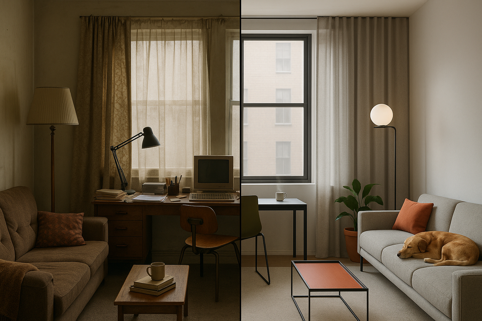 Before and after of dated home office to light contemporary office