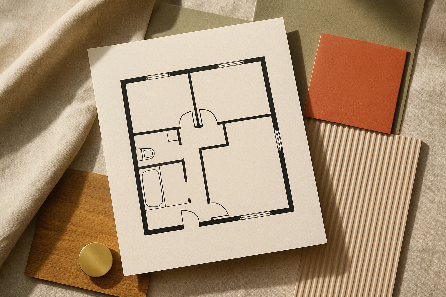 Floor plan of a small apartment with four rooms including a bathroom, a kitchen, and two bedrooms, shown in black and white on a white paper.