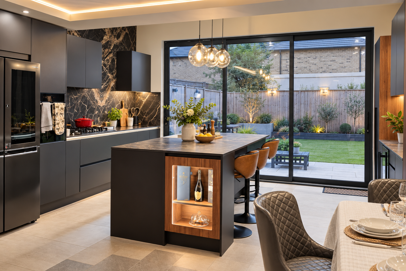 Black marble kitchen with island