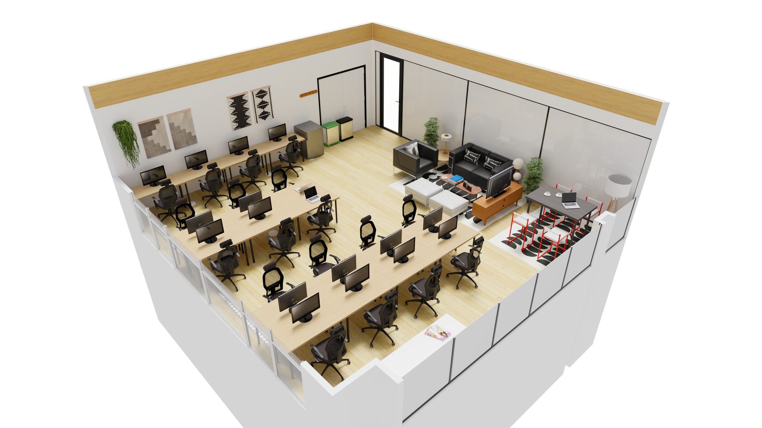 Interior view of a modern office with multiple workstations, a seating area with a black sofa, a small meeting table with red chairs, and decorative wall art and plants.