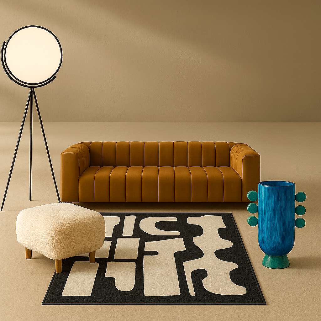 A living room setup featuring a mustard yellow sofa, a white fluffy ottoman, a black and white patterned rug, a tall silver floor lamp with a large round light, and a tall blue vase with green accents.