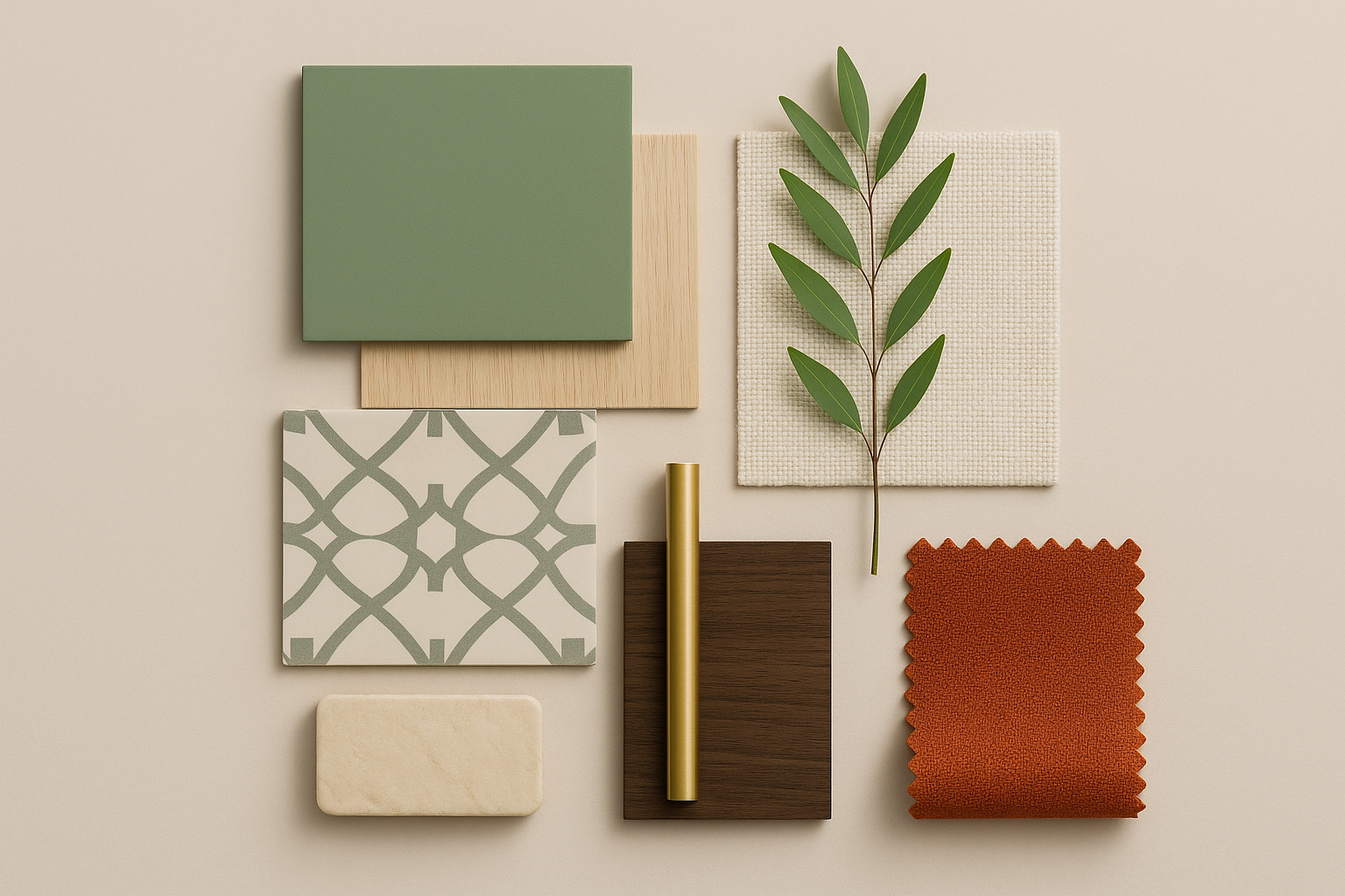 Arrangement of various material samples and a green leaf on a beige background, including color swatches, fabric, wood, metal, and ceramic textures.