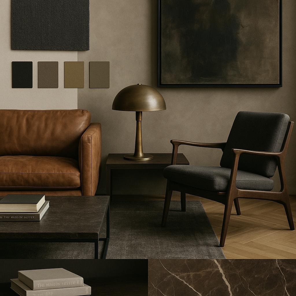 A living room corner with a brown leather sofa, a black wooden armchair with dark upholstery, a dark wooden side table with a bronze lamp, and wall art including a large dark-framed abstract painting and several smaller color swatches.
