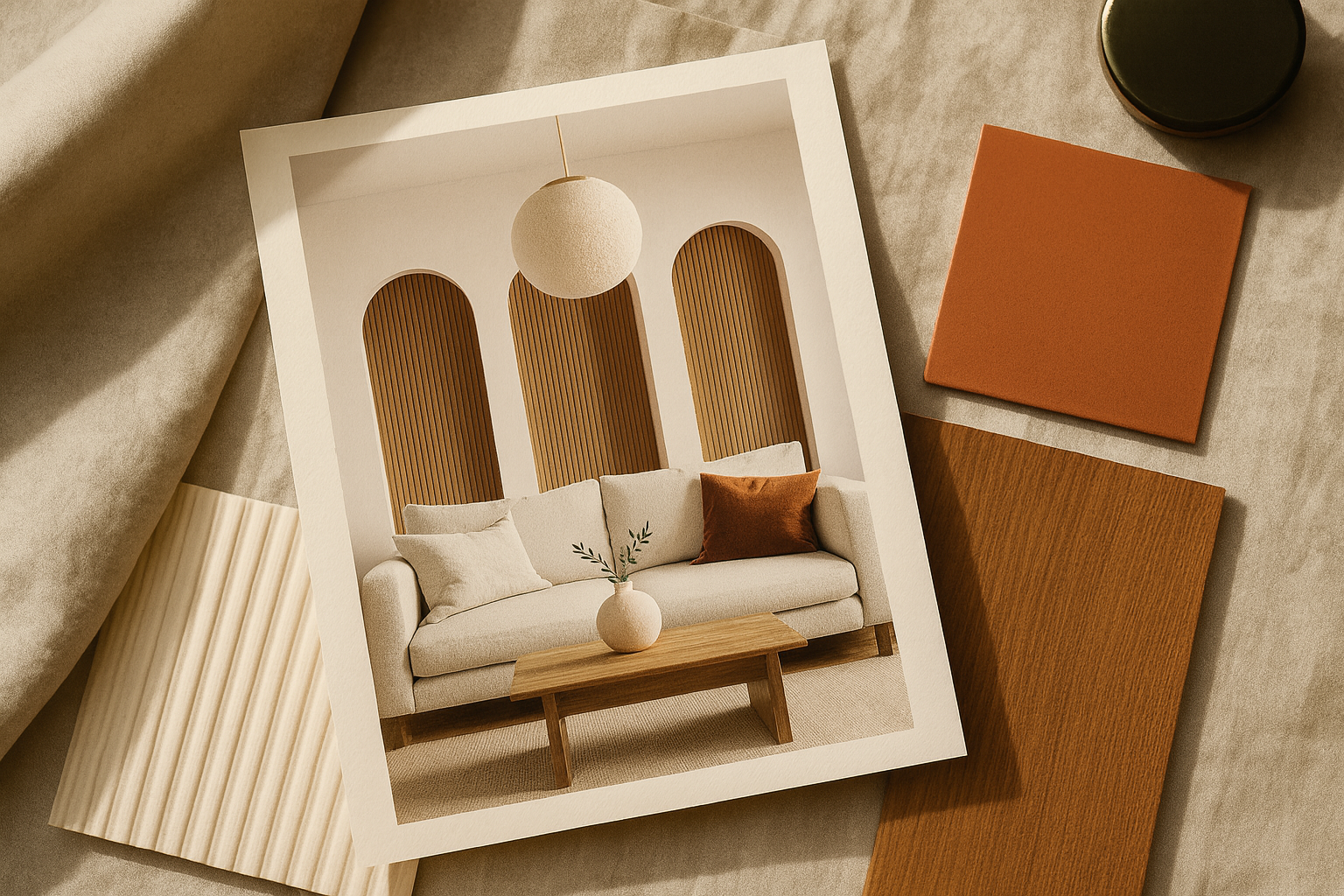 A photograph of interior design materials, including a printed photo of a living room with a beige sofa, a wooden coffee table, and decorative wooden panels on the wall, alongside fabric and paint color samples in shades of beige, rust, and brown.