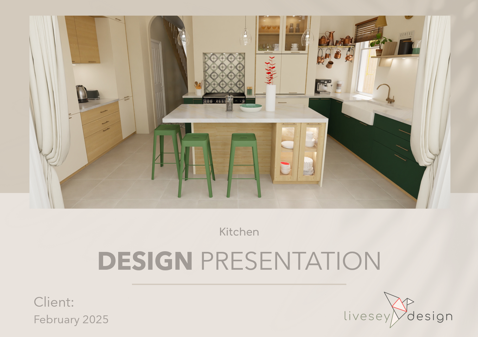 Modern kitchen with green and wood accents, island with three green stools, open shelving, and a window with white curtains.