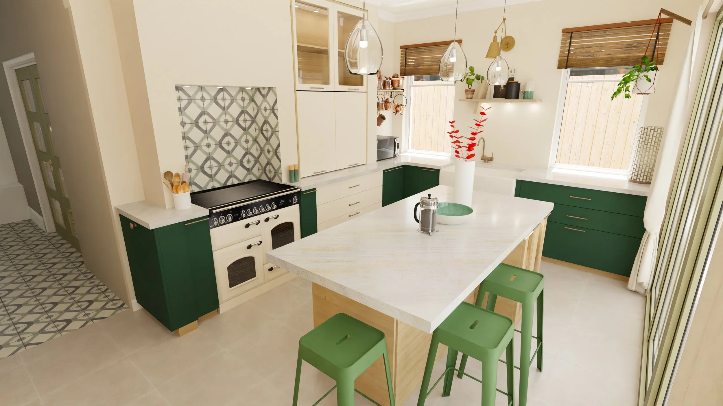 Modern kitchen with green and white cabinets, black stove, marble island with green stools, patterned floor tiles, and windows with wooden blinds.