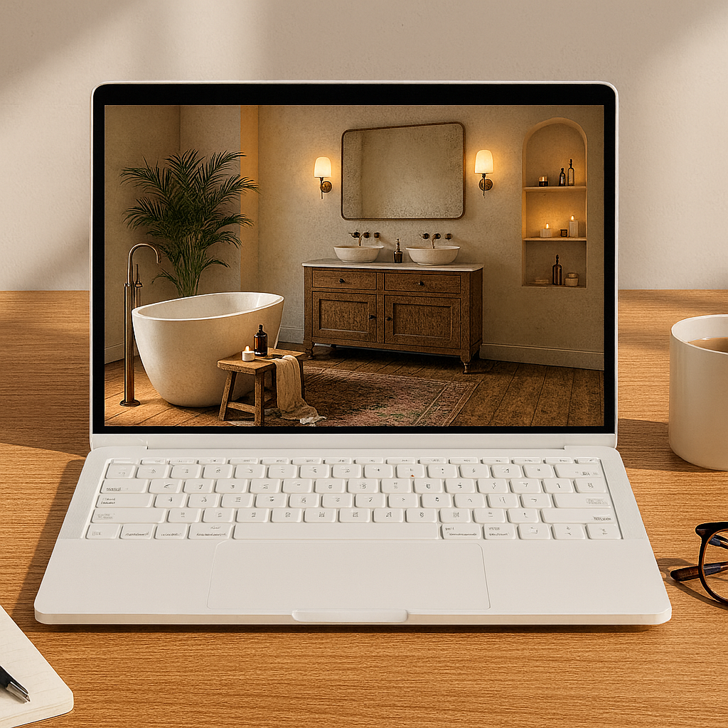 The laptop screen displays a bathroom with a bathtub, two sinks, a mirror, wall-mounted lighting, a wooden vanity, a potted plant, and candles.