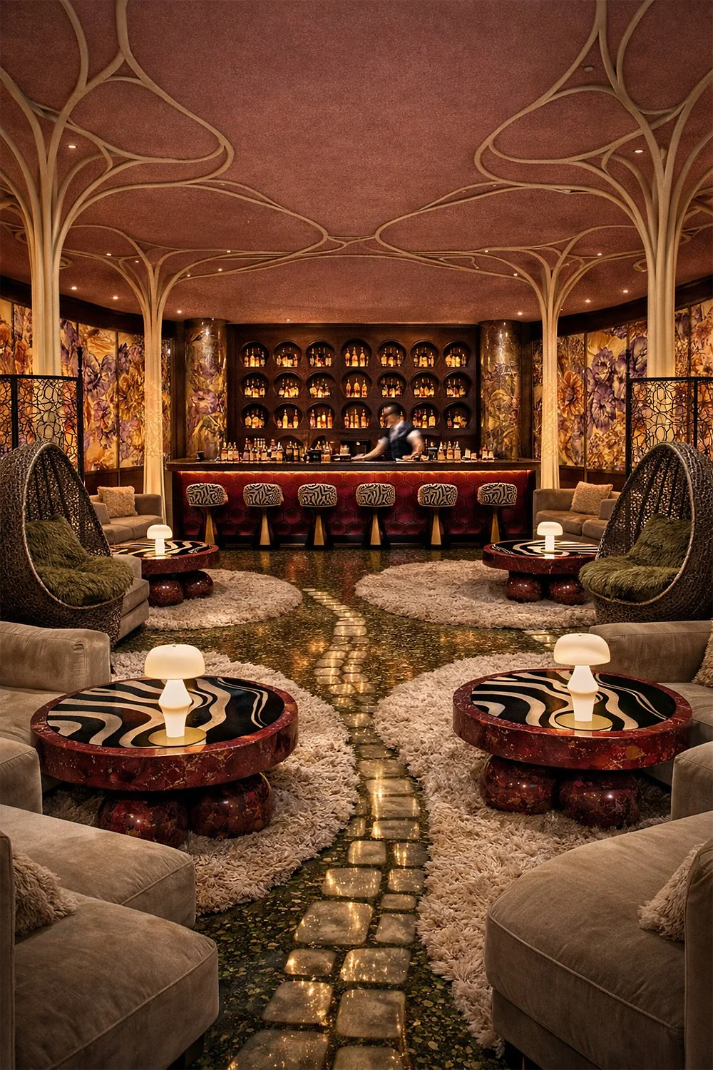 A lounge bar exploring transition from Art Nouveau to 70s glam, referencing Syrie Maugham's glam Chelsea lounge and Emile Galle's beautiful glasswork