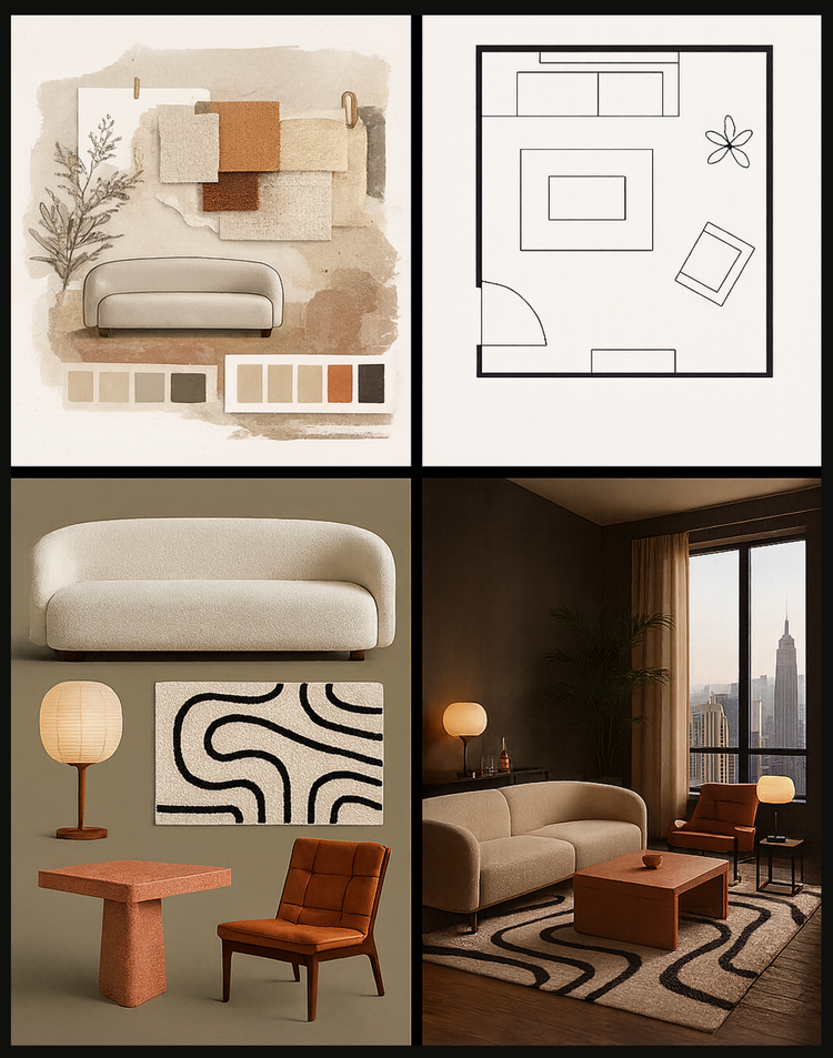 A complete room redesign with layouts, furniture and lighting sourcing ...
