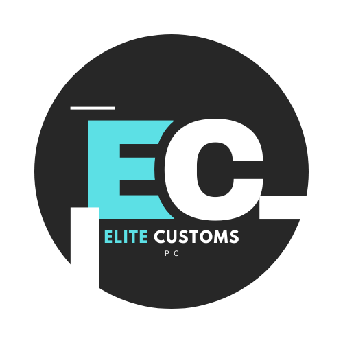 Logo for Elite Customs PC with stylized letters 'EC' in teal and white on a black background.