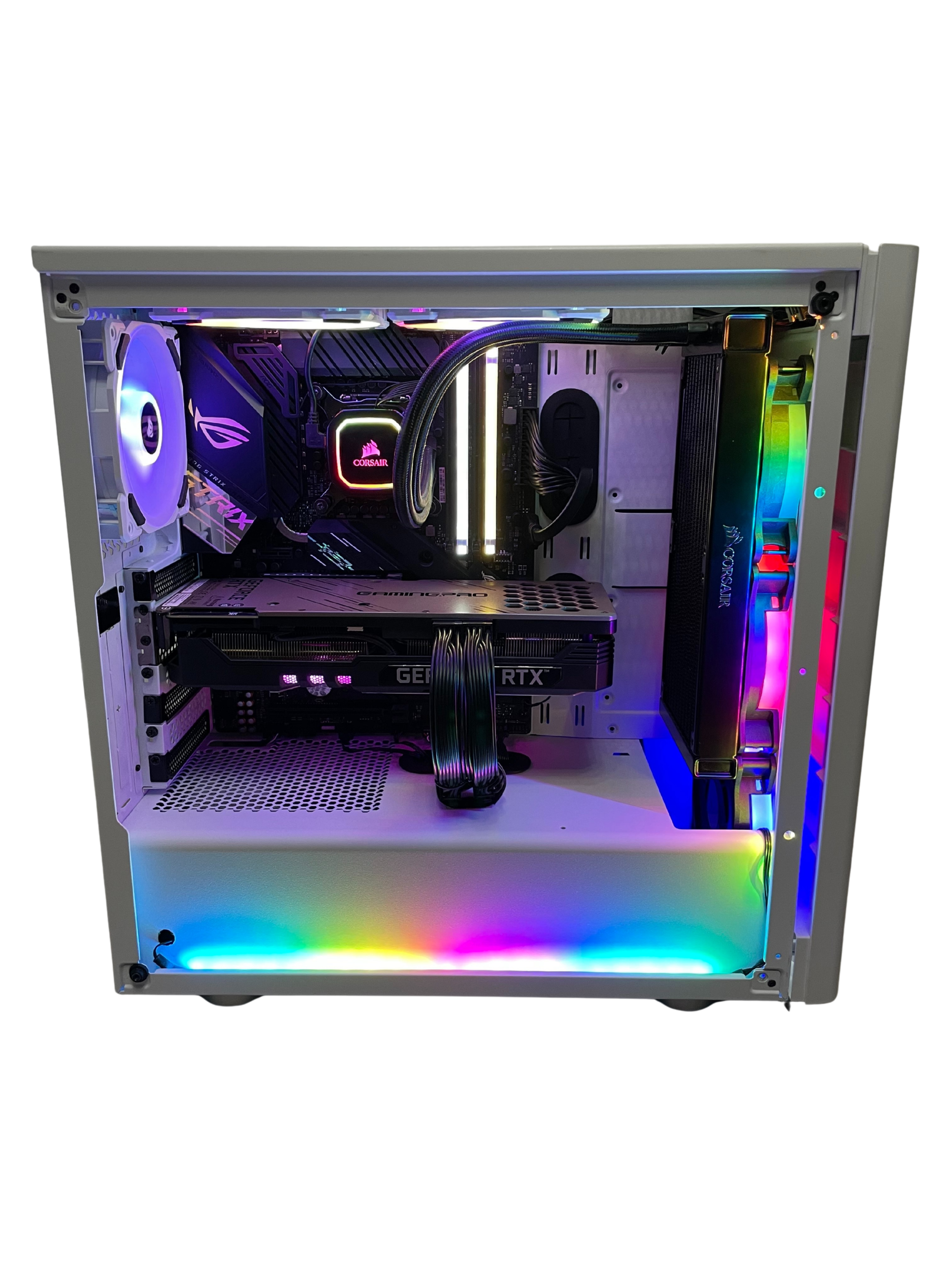 Interior of a custom gaming computer with RGB lighting, a large graphics card, liquid cooling, and various components visible.