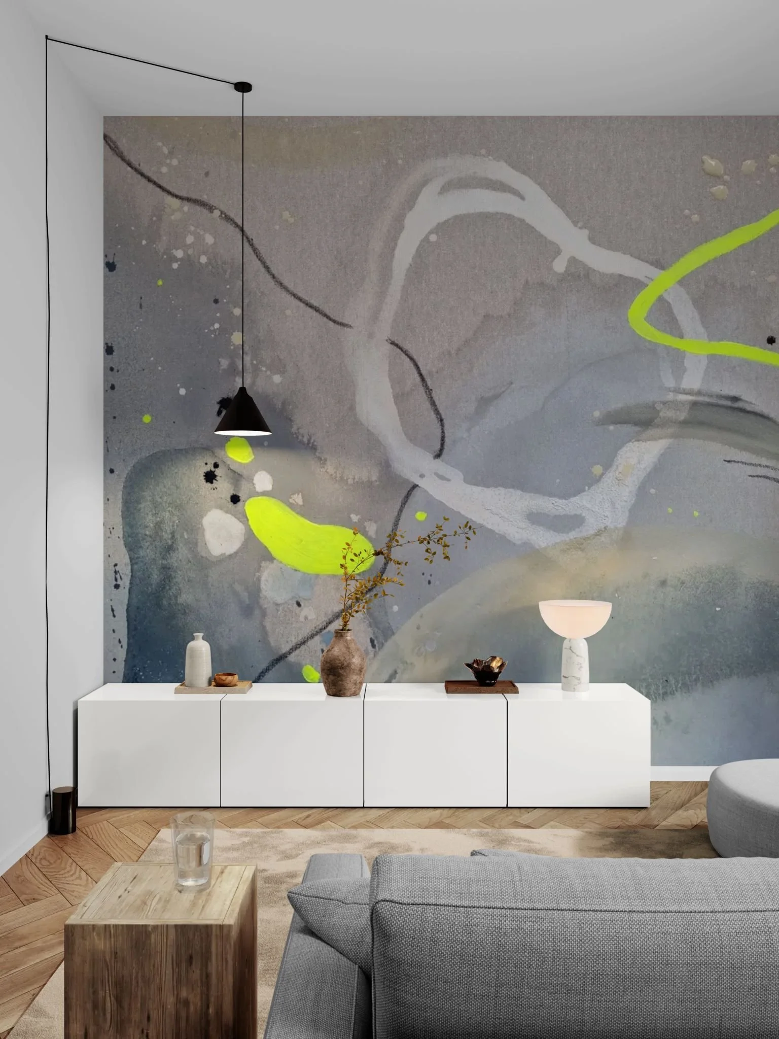 Living room with long cabinet and hanging light.jpeg