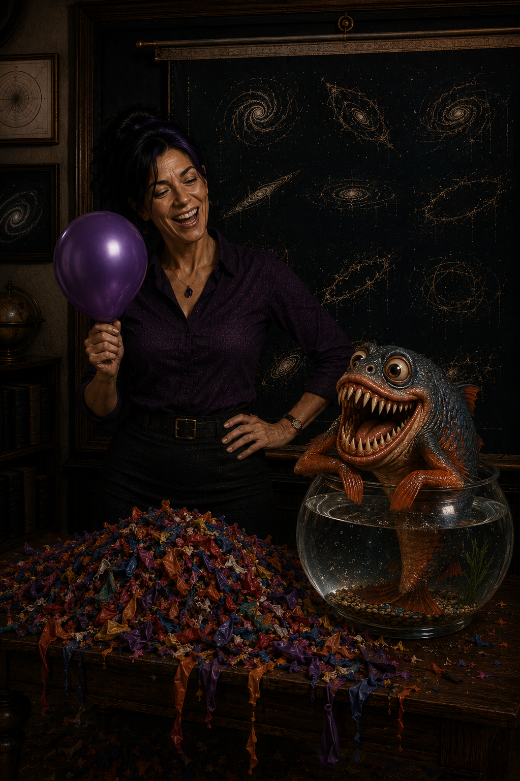 Logic warns that asking a dormant Raptor for help is like asking a piranha to help blow up balloons, standing beside a smiling piranha holding a purple balloon. Dark fantasy comedy from The Canis.