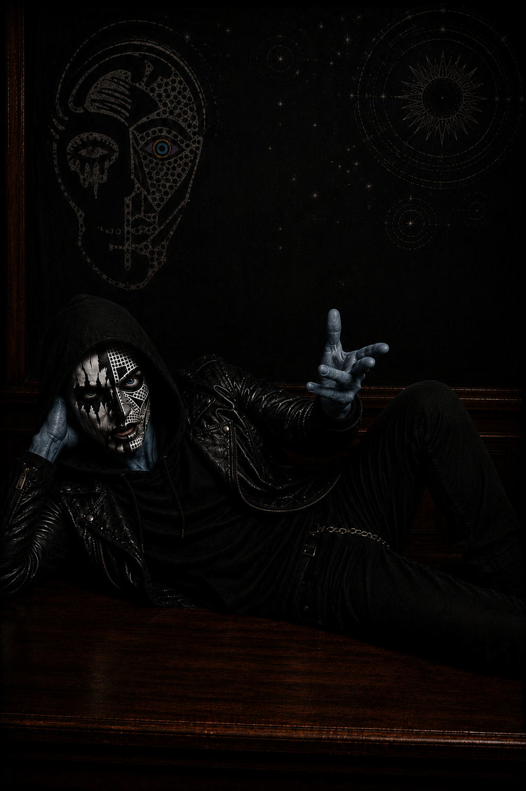 Tenet lies across the desk, casually explaining that he asked someone at a black metal festival which star system they came from, only to receive a confused stare. Humorous comic panel from The Canis.