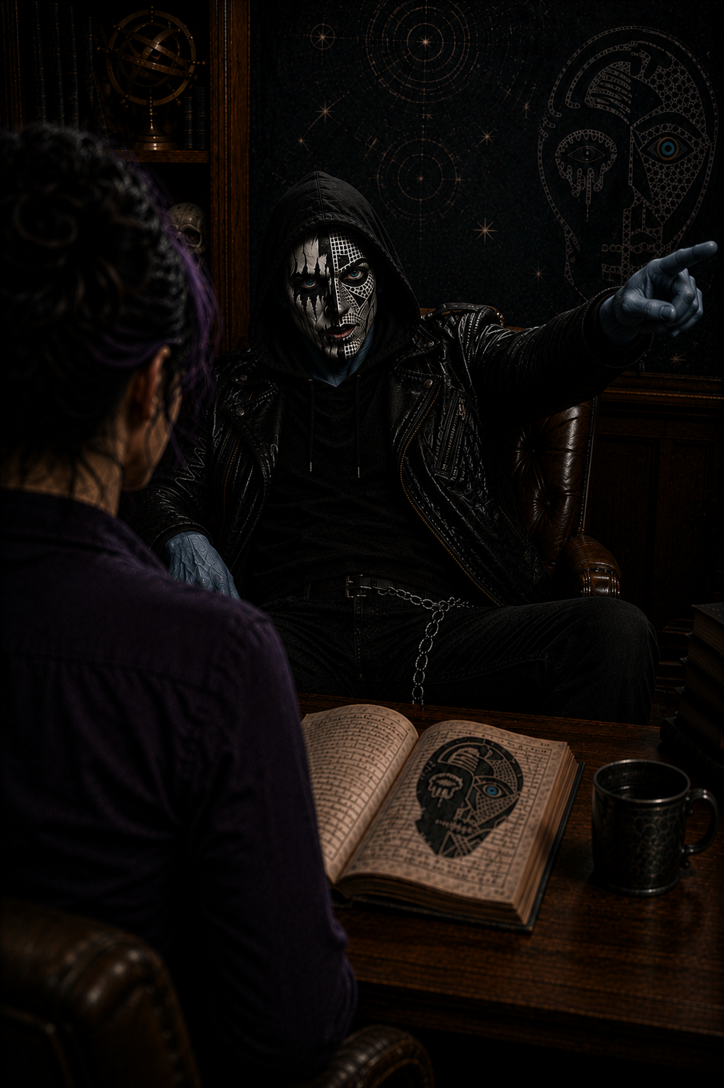 Tenet lounges in a leather chair, trying to distract Logic with a faux warning about Sun Eater.