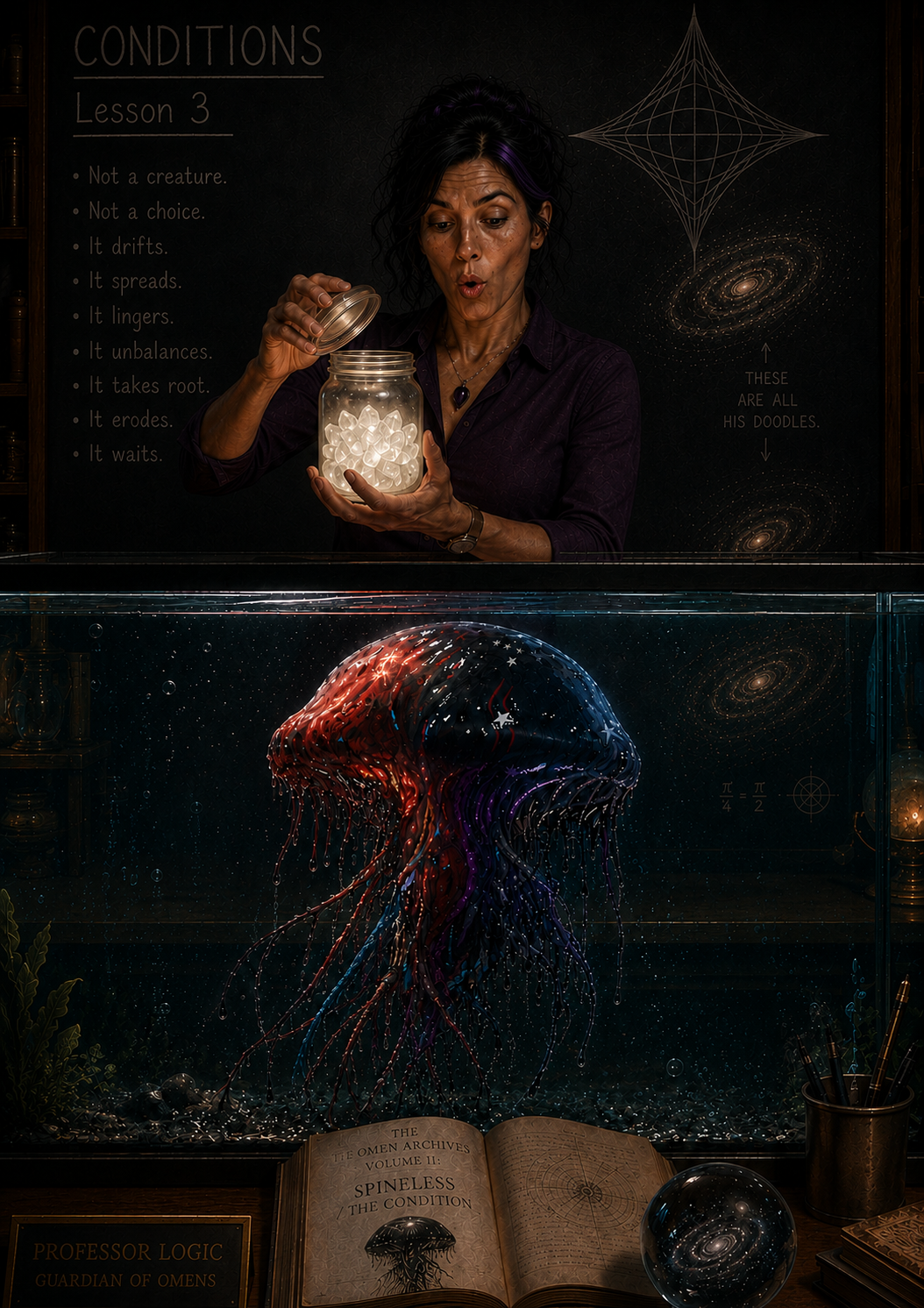 Professor Logic opens a glowing jar of crystalline Canes above a massive Spineless specimen, demonstrating one of the living artifacts used throughout The Canis.