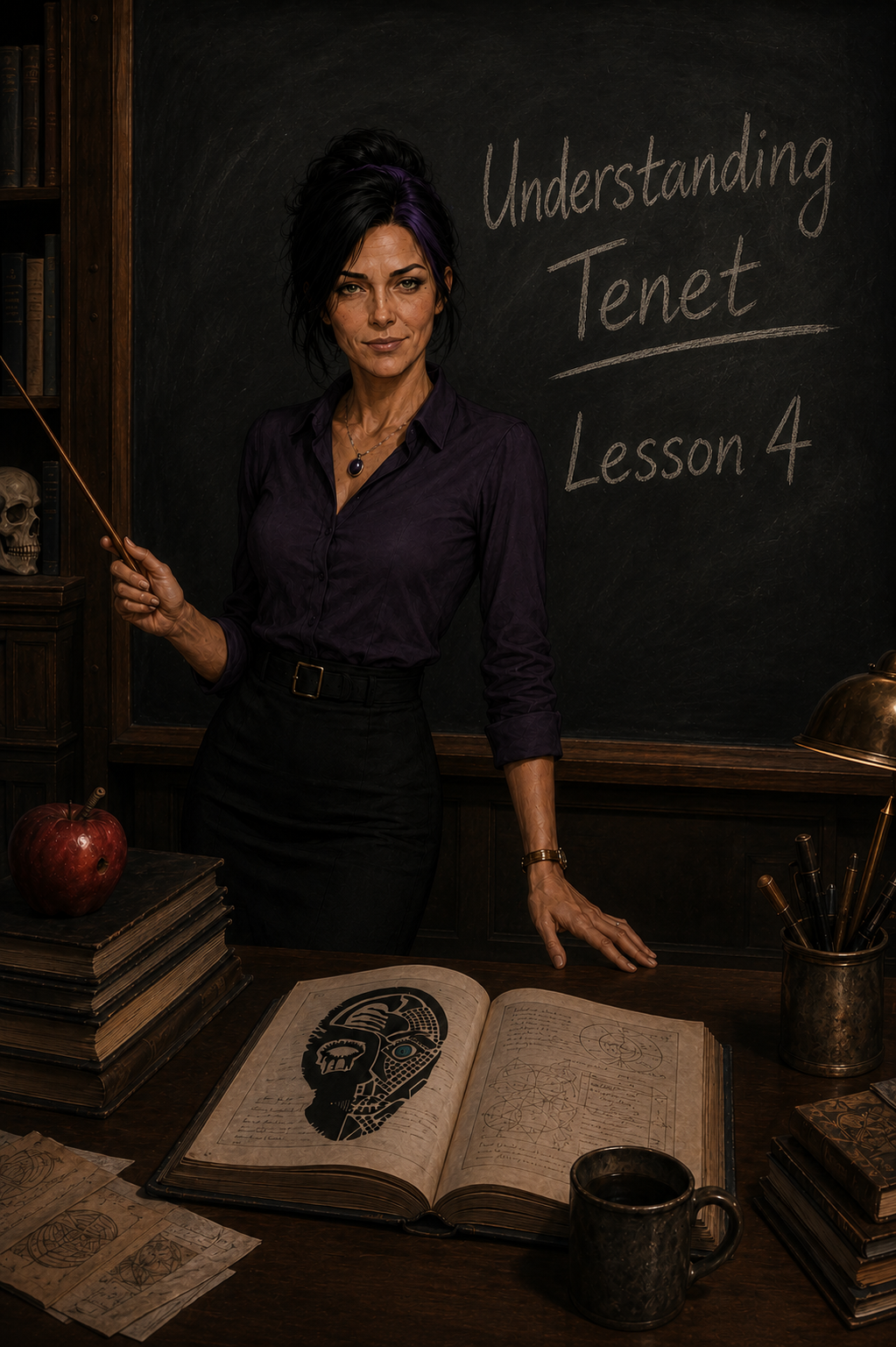 Logic introduces Understanding Tenet, Lesson Four, beside an open archive book containing an illustrated portrait of Tenet.