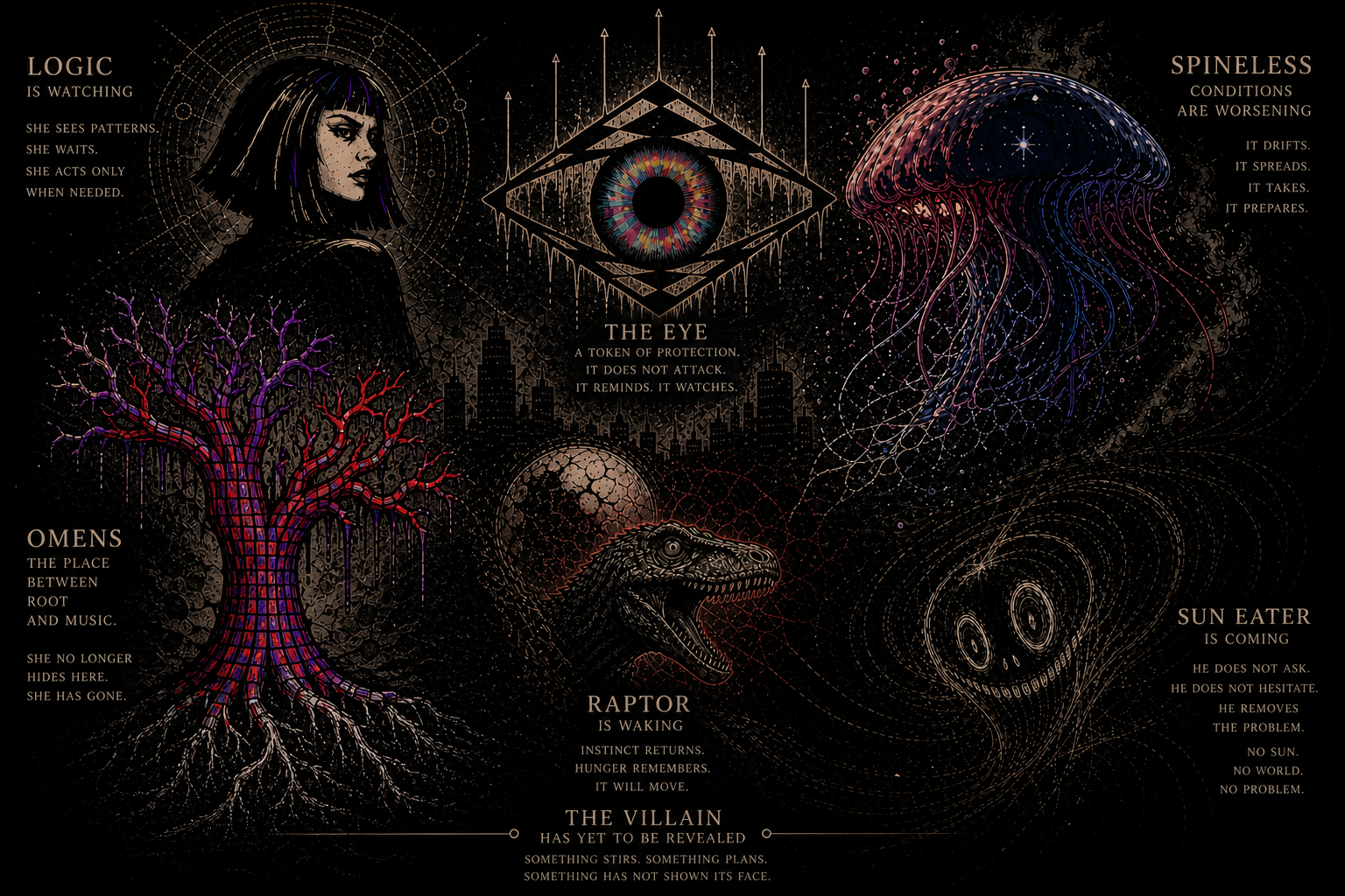 A conceptual piece showing the range of art style successfully converging in one world, a world map showing characters, jellyfish, geometric eyes, geometric designs and dripping psychedelic trees.