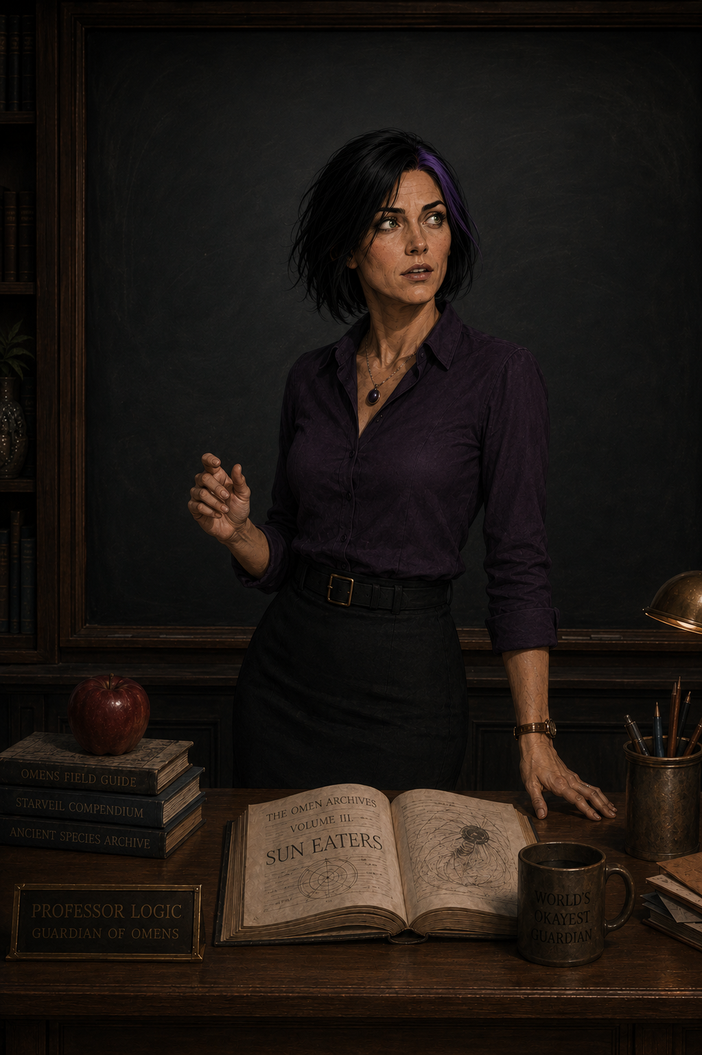 Professor Logic pauses mid-lesson after noticing her name being called, no one else can hear it.
