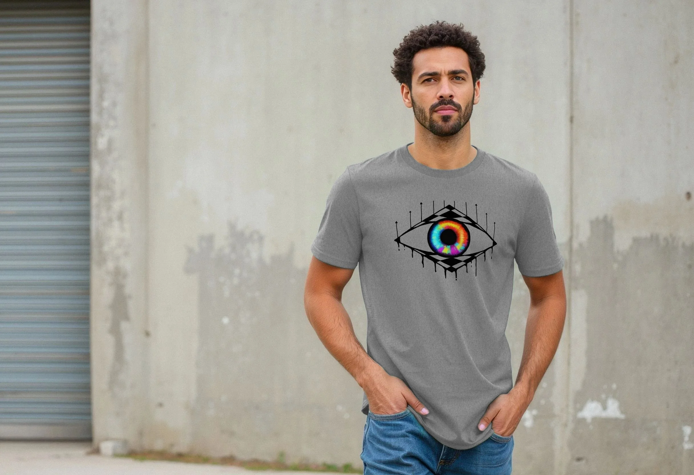 Man wearing the grey Geometric Eye organic cotton graphic T-shirt by Mongrel Logic, featuring a black geometric eye design with a vivid multicoloured iris.
