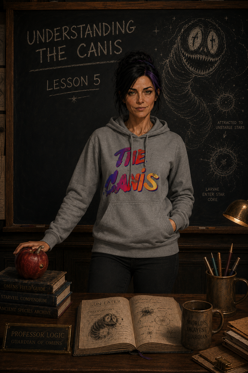 Logic wearing The Canis hoodie while teaching Lesson Five in a dark archive classroom filled with books, diagrams and field notes.
