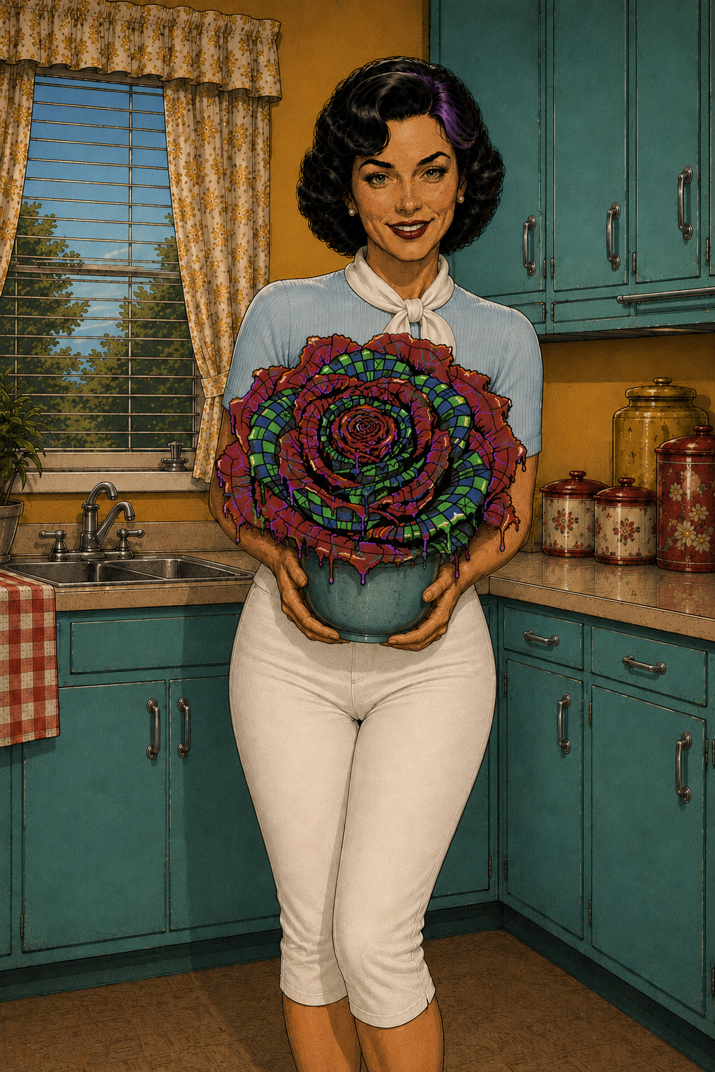 Logic holding a giant potted Synaesthesia bloom grown with music, shown in a retro illustrated kitchen scene.