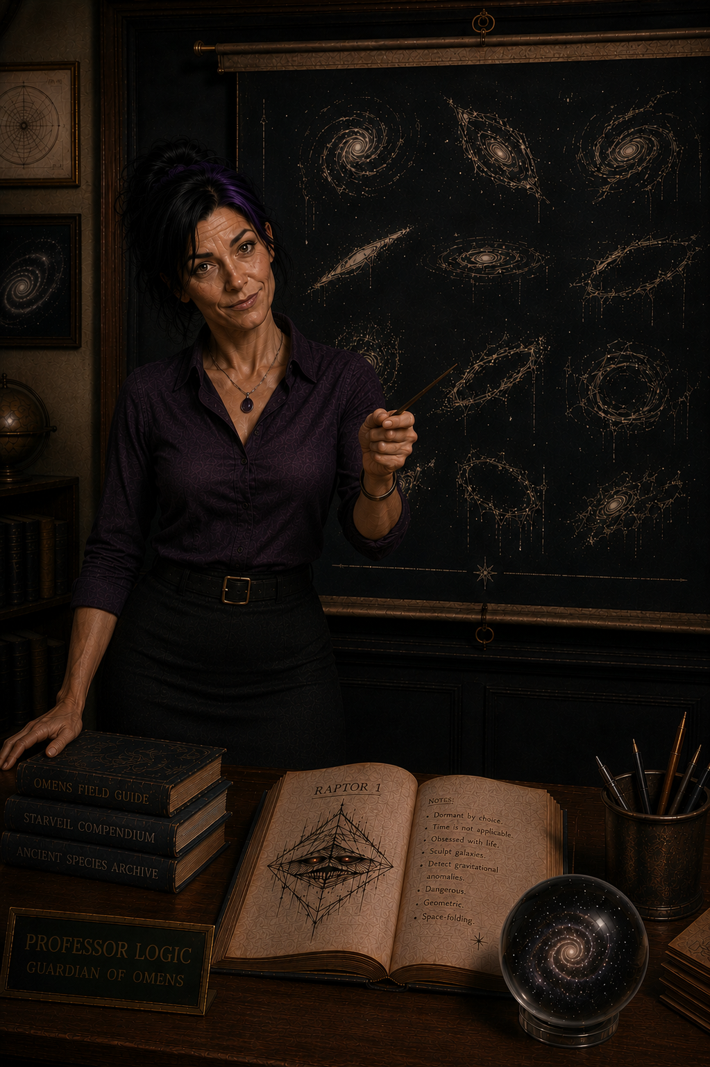 Logic looks concerned while talking about Raptors. Classroom-style dark fantasy artwork introducing the immense scale of these geometric entities.