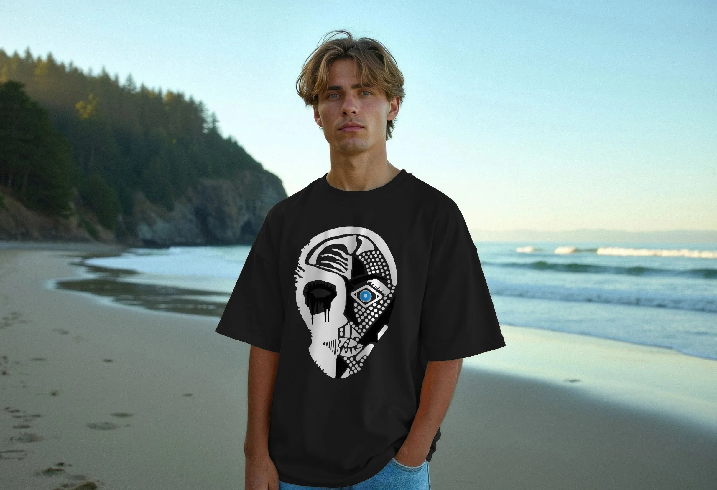 Model wearing the black Tenet 2 organic cotton graphic T-shirt by Mongrel Logic, featuring a large black-and-white split-face design with a blue geometric eye.