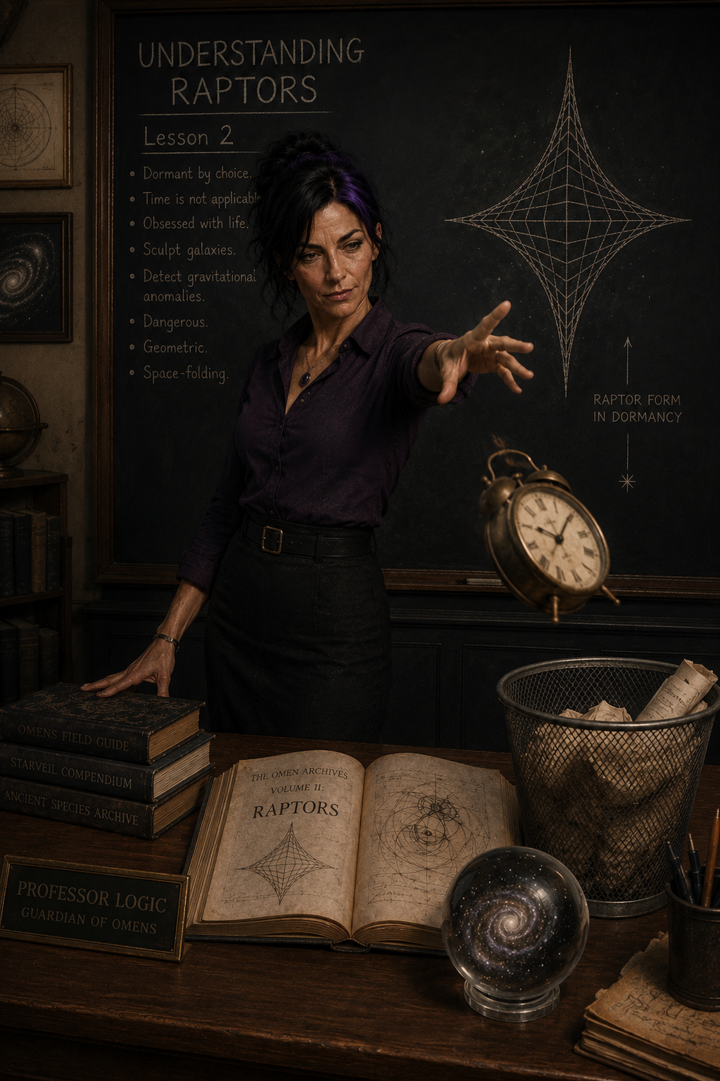 Logic gestures toward a floating alarm clock while explaining that time means nothing to Raptors. Dark fantasy classroom artwork exploring the strange nature of these ancient cosmic beings.